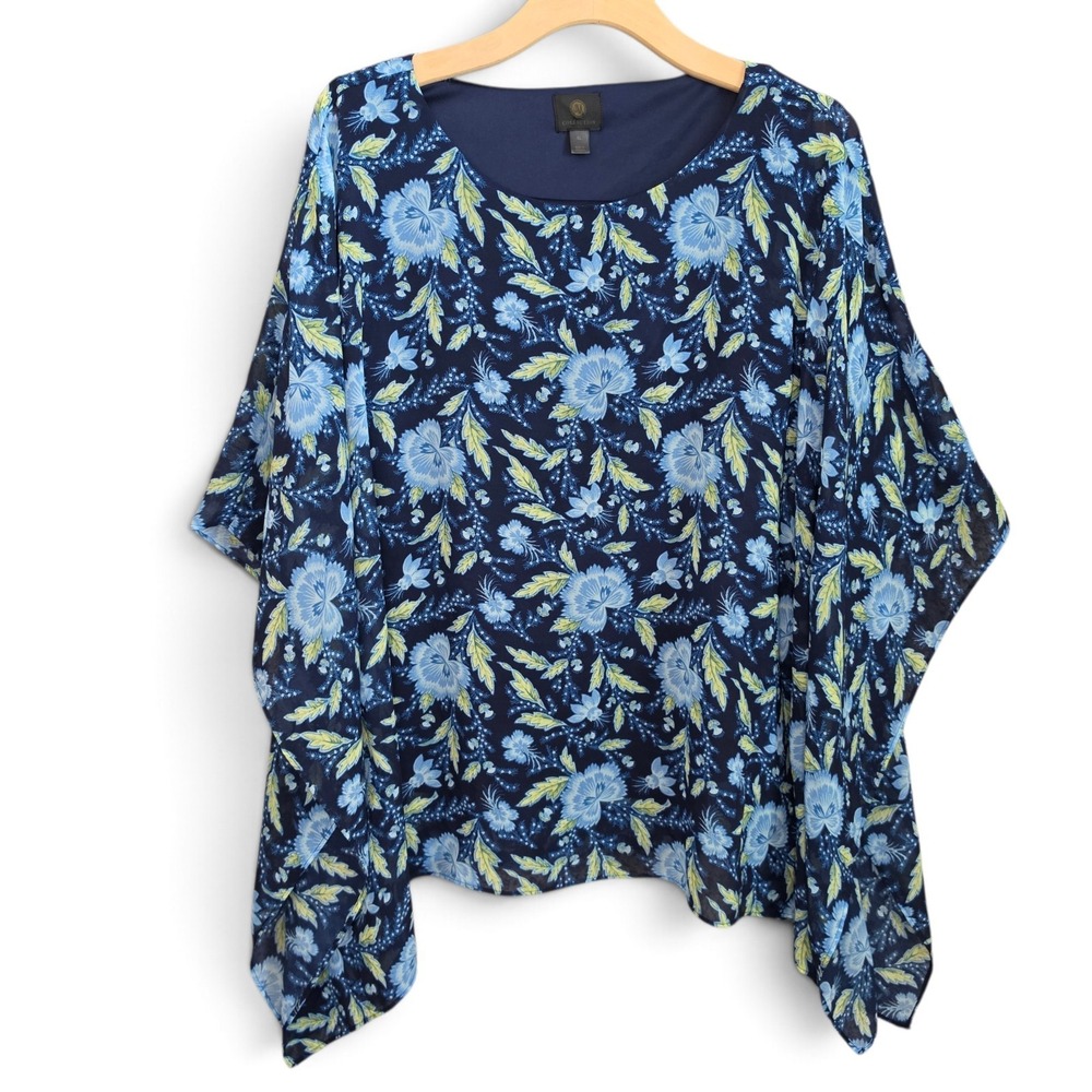 JM Collection Top Womens XL Blue Floral Chiffon Overlay Handkerchief Hem Blouse